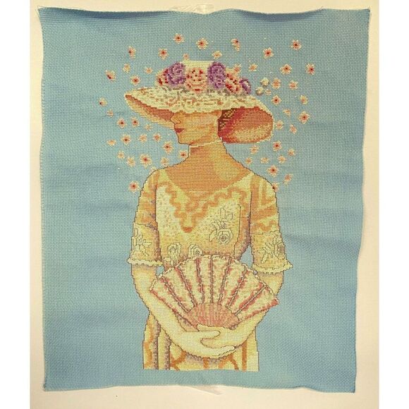 Completed Counted Cross Stitch Victorian Lady Hat Fan Aida Beautifully Stitched - Picture 14 of 14